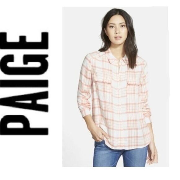 Paige Pink Coral Plaid Trudy long sleeve Button Down Shirt size small - Picture 1 of 11